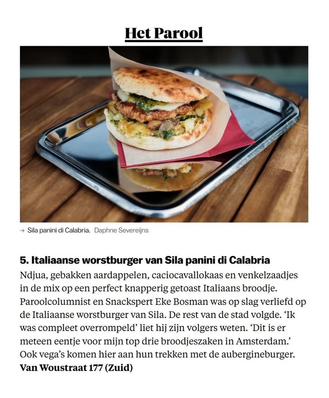 The Italian sausage burger of Sila as featured in Het Parool